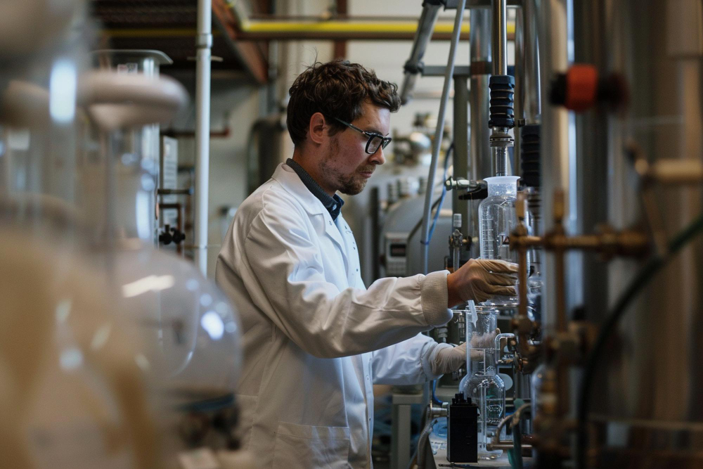 Image of man in a chemical laboratory depicting chemical engineer. 