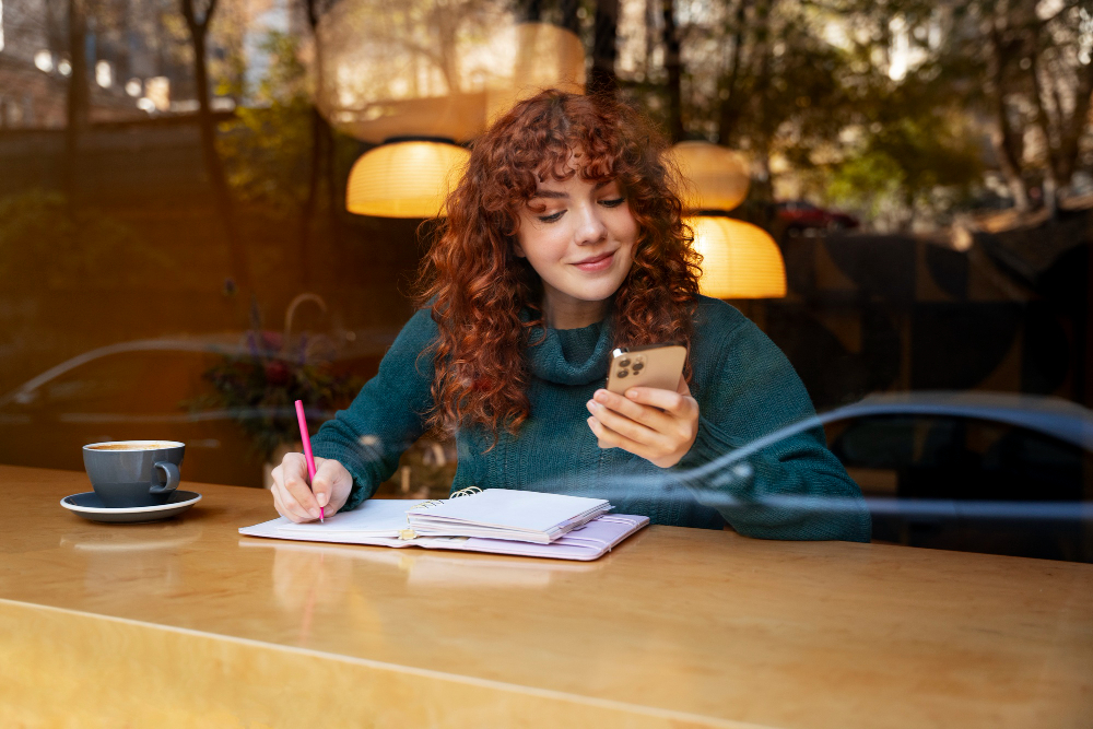 Image of a communications student with phone and notepad. 