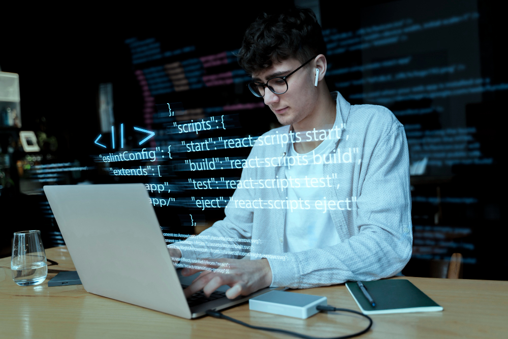 Image of student writing code. 