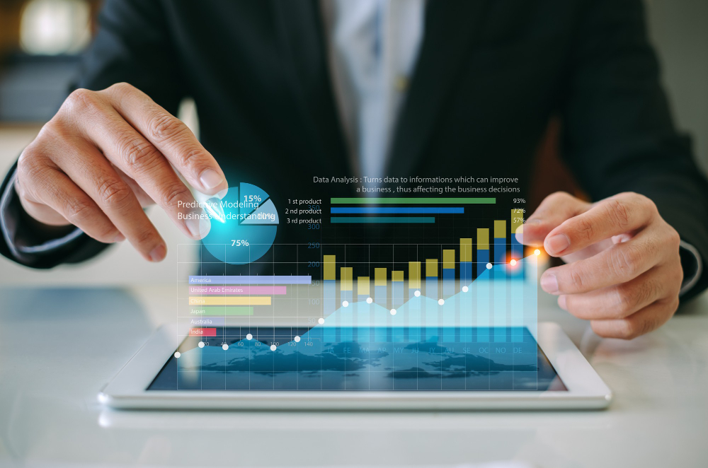 Image of man with various data graphics. 