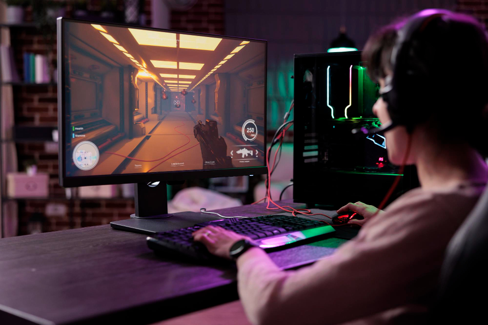 Image of student designing game on laptop. 
