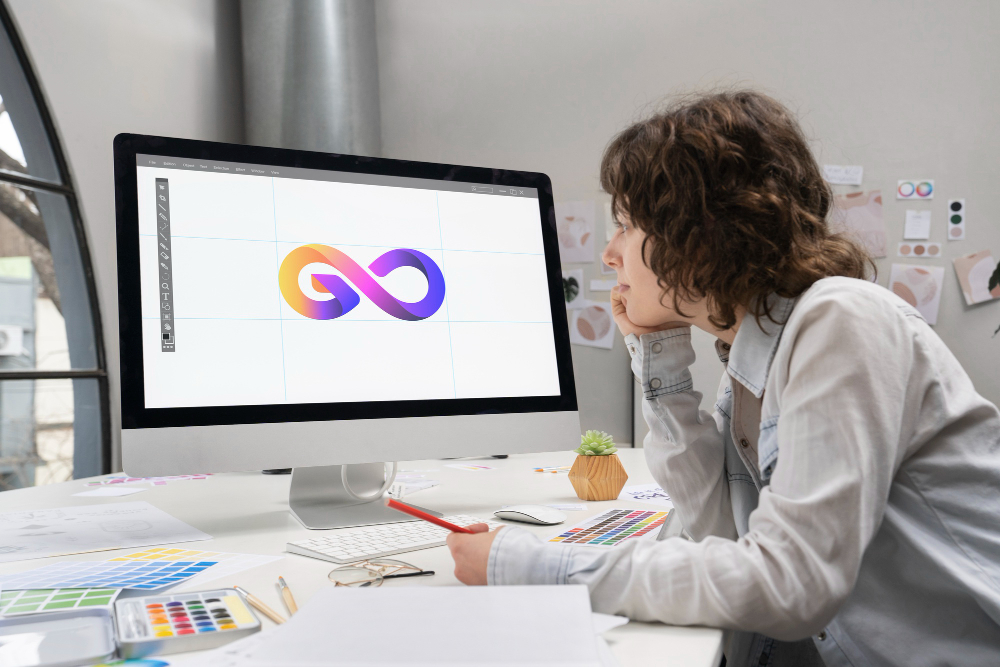 Image of woman at computer designing a logo. 