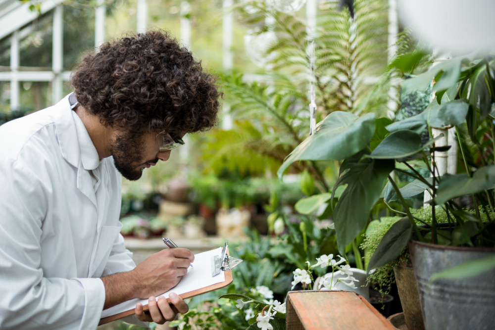 Horticulturist inspecting plants. 