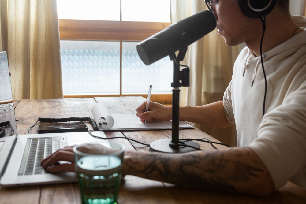 Man with a microphone and laptop