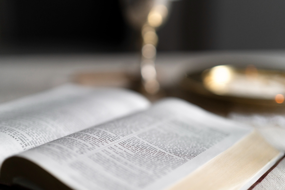 Image of religious book open on a table. 