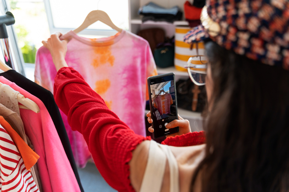 Image of woman taking photos of clothes with phone. 