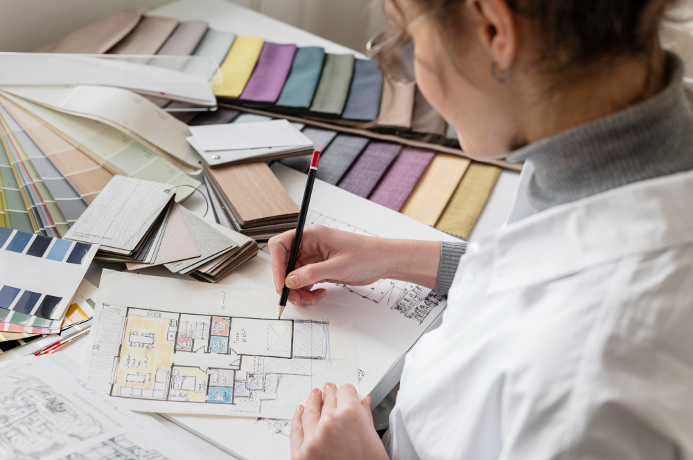 Image of interior designer at work with colour samples. 