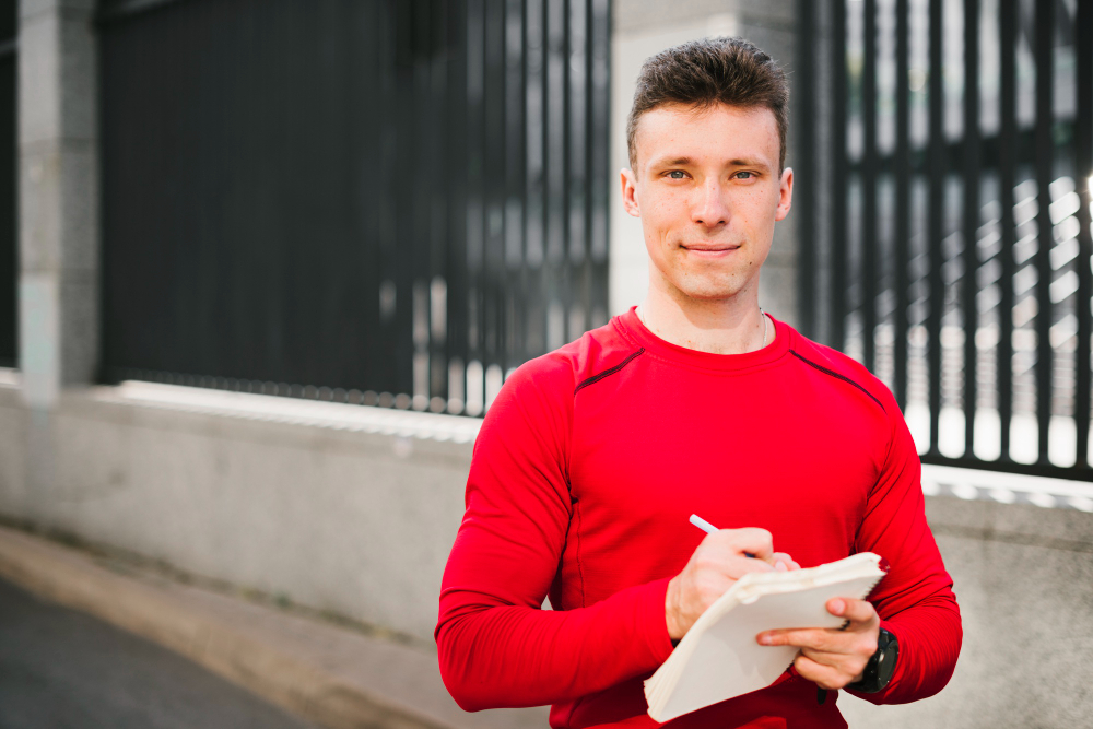 Image of sports coach with notepad. 